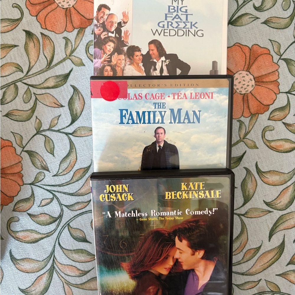 3 DVD’s: Serendipity, My Big Fat Greek Wedding, The Family Man